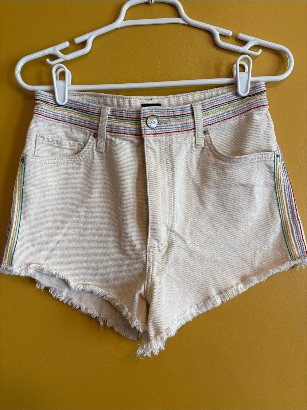 Lee Cream Denim Shorts with Rainbow Stripe Trim